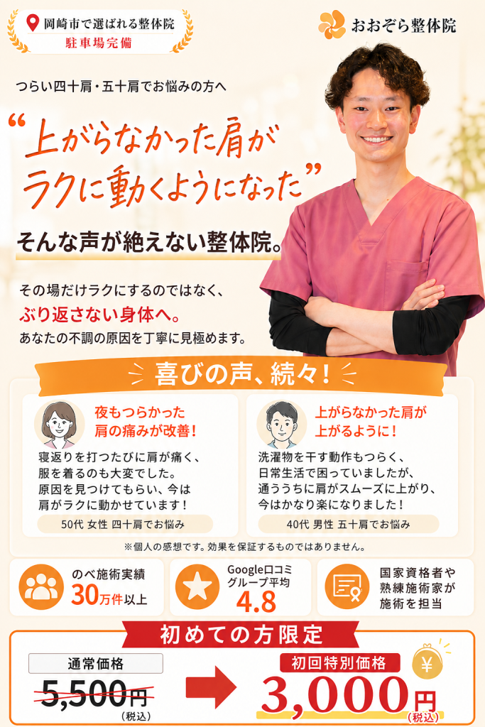 岡崎市で四十肩・五十肩にお悩みの方へ、おおぞら整体院が上がらない肩や夜の肩の痛みの原因を見極め、ぶり返しにくい身体づくりをサポートする案内画像。