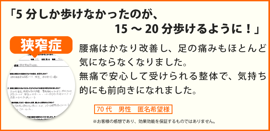 脊柱管狭窄症患者様の声、70代男性 匿名希望様
