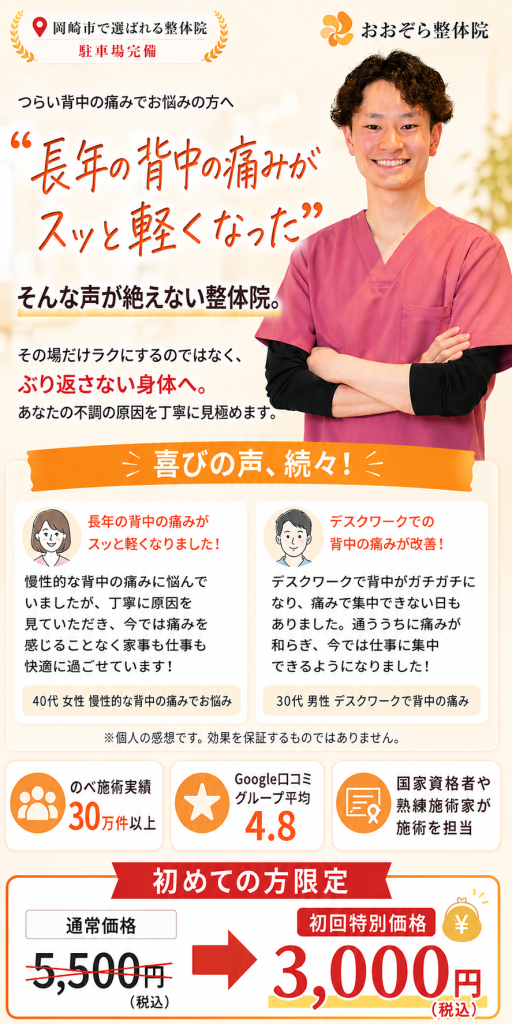 岡崎市で背中の痛みにお悩みの方へ、おおぞら整体院が長年の背中の痛みやデスクワークによる背中の不調の原因を見極め、ぶり返しにくい身体づくりをサポートする案内画像。