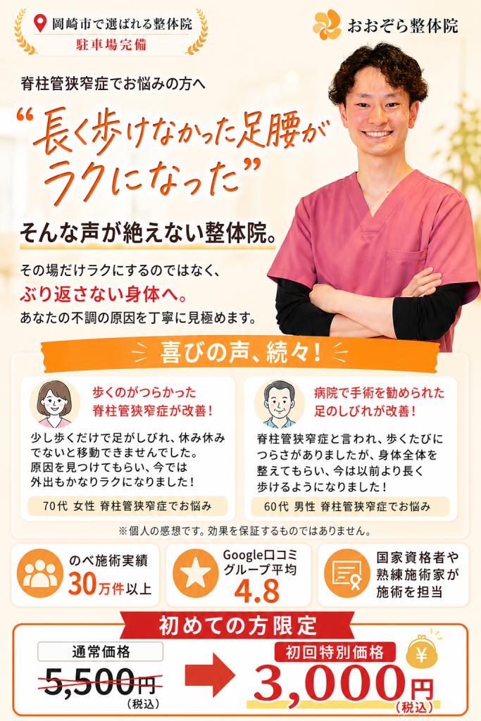 岡崎市で脊柱管狭窄症にお悩みの方へ、おおぞら整体院が長く歩けない足腰のつらさや足のしびれの原因を見極め、歩きやすい身体づくりをサポートする案内画像。