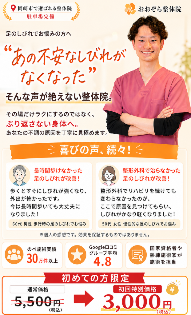 岡崎市のおおぞら整体院の足のしびれ改善ページのファーストビュー画像。足のしびれでお悩みの方へ向けて、ぶり返さない身体を目指す施術内容や患者様の声、初回特別価格3,000円を紹介している。