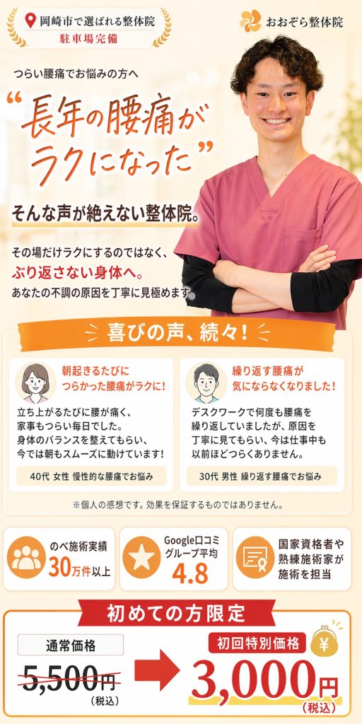つらい腰痛でお悩みの方へ、長年の腰痛が楽になった岡崎市おおぞら整体院
