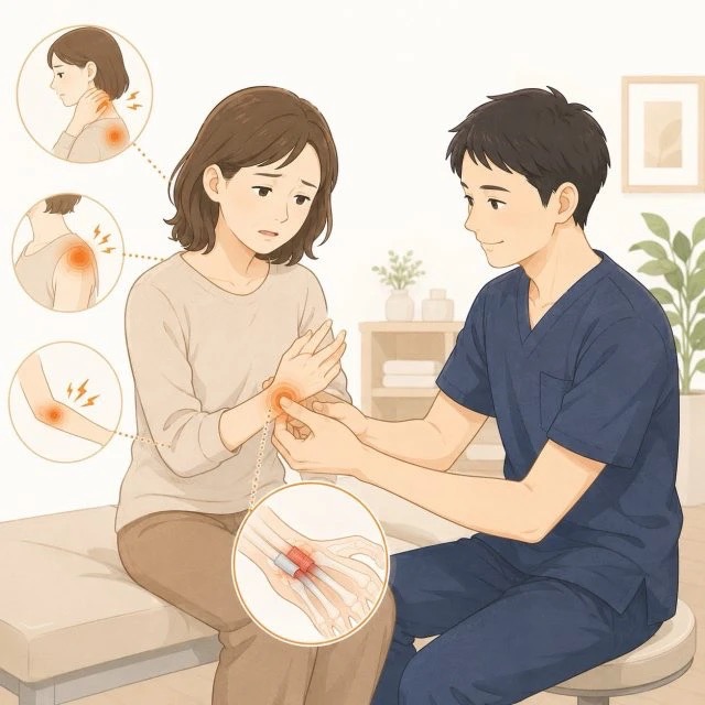 腱鞘炎は手首だけが原因ではないことを伝えている断線施術家のイラスト