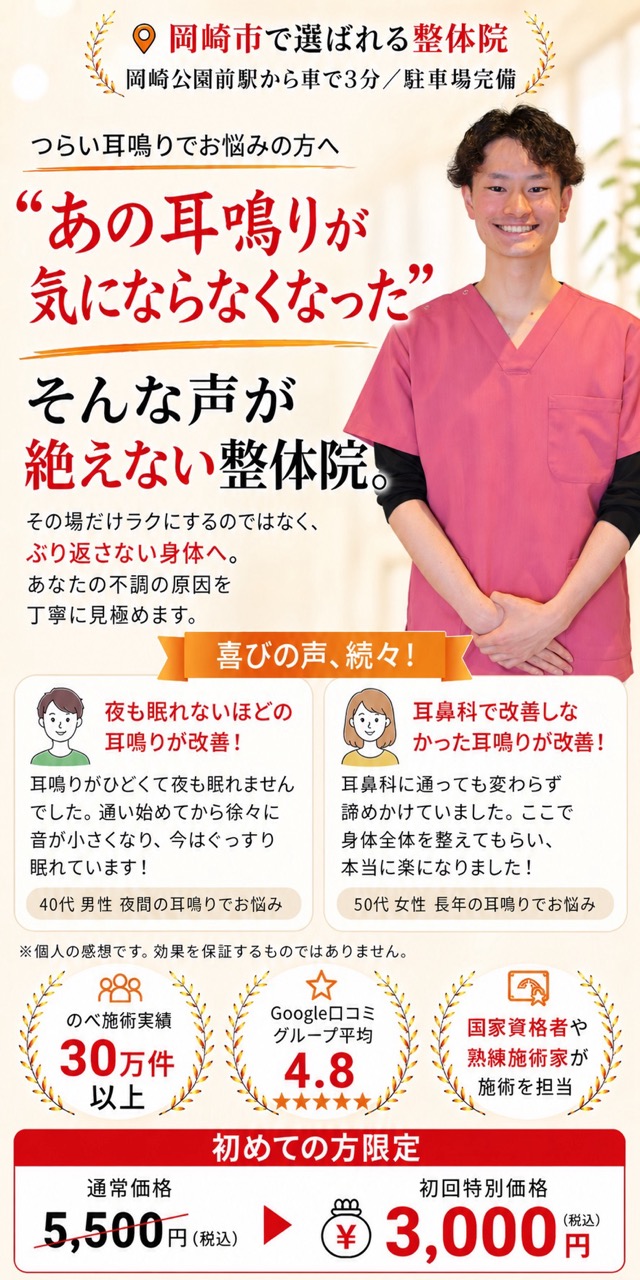 岡崎市のおおぞら整体院の耳鳴り整体。長年続く耳鳴りや繰り返す耳鳴りの根本改善を目指し、初回3,000円