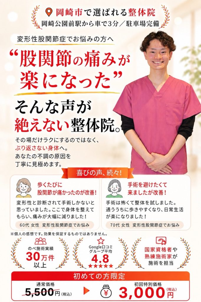 岡崎市のおおぞら整体院の変形性股関節症改善整体。長年続く股関節の痛みや繰り返す股関節の痛みの根本改善を目指し、初回3,000円