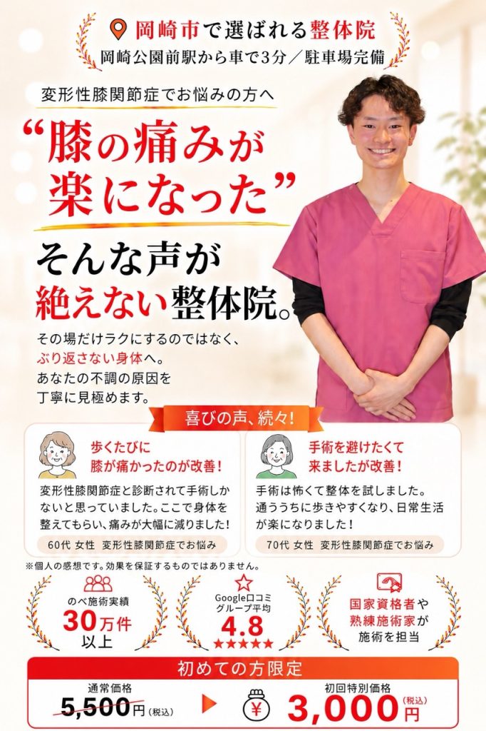 岡崎市のおおぞら整体院の変形性膝関節症改善整体。長年続く膝の痛みや繰り返す膝の痛みの根本改善を目指し、初回3,000円
