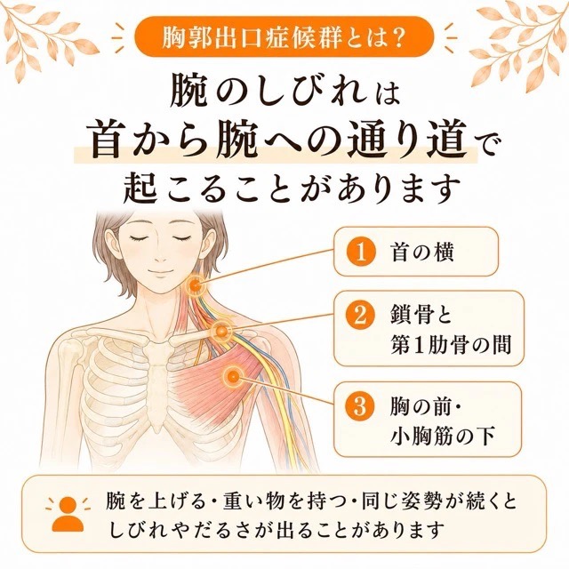 胸郭出口症候群による手のしびれは、首から腕の通り道で起こることがあります