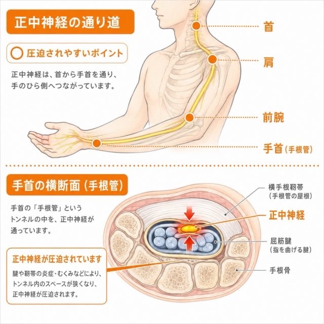 手根管症候群の原因になりやすい正中神経の通り道が圧迫されやすい例の画像